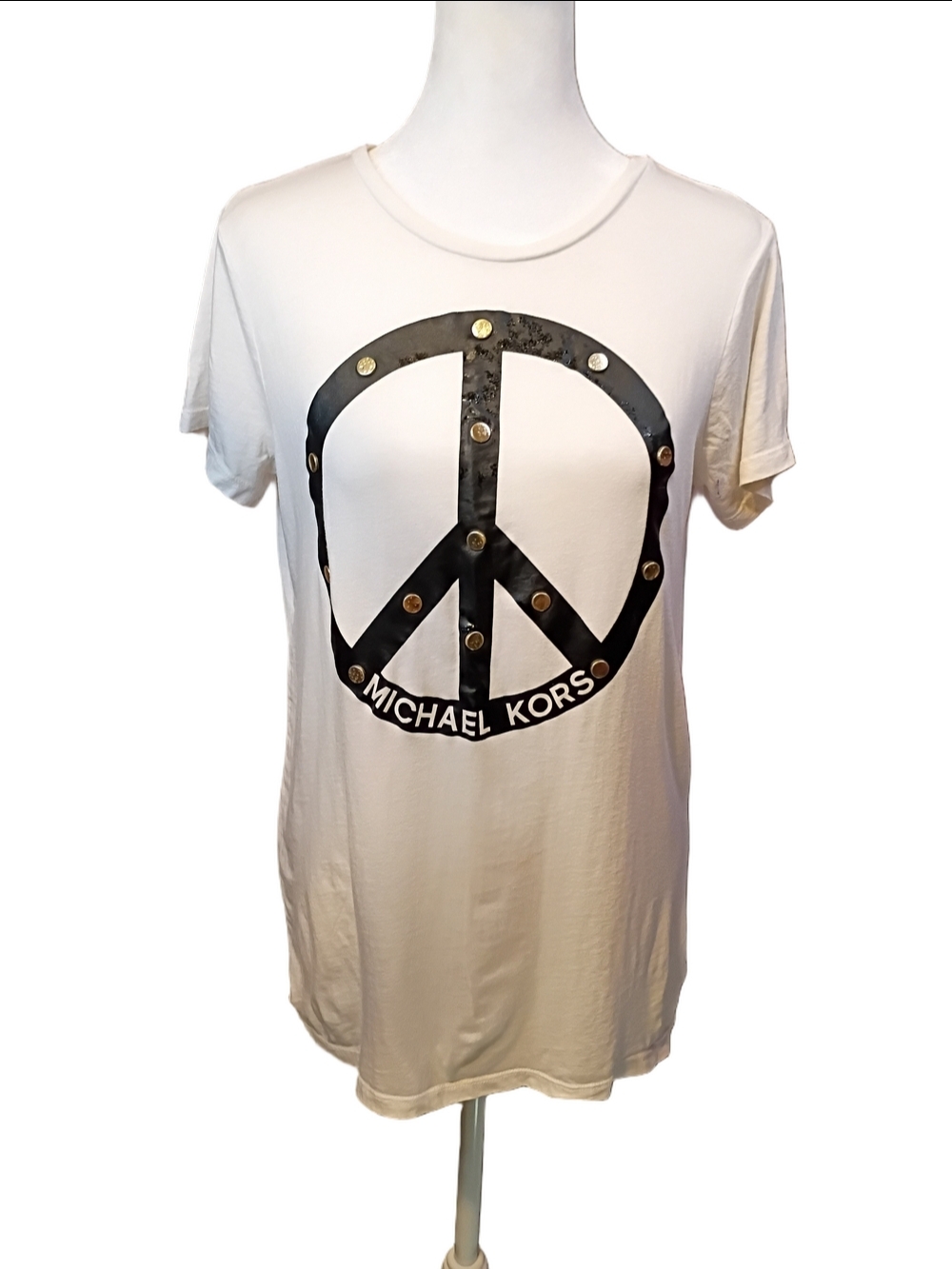 Michael Kors White Short Sleeve Tee Black Peace Graphic Gold Studs Size Medium